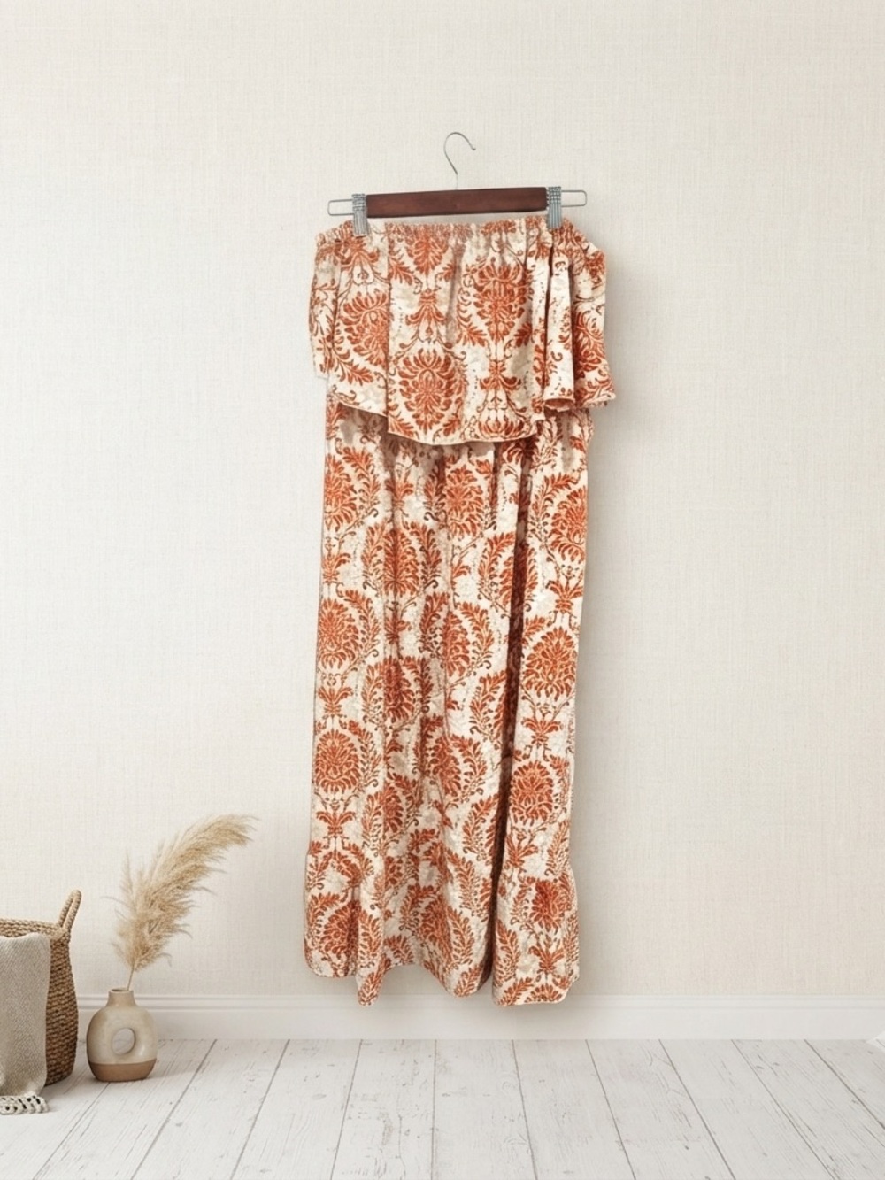 SHEIN Strapless Maxi Dress in Cream and Rust Floral